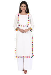 Cotton Ladies White Kurta With Pom Pom Lace