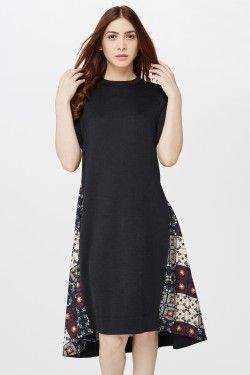 Short Sleeves Black Printed A-Line Ladies Dress