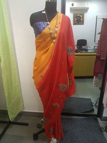 Customized Red And Yellow Color Designer Sarees For Ladies