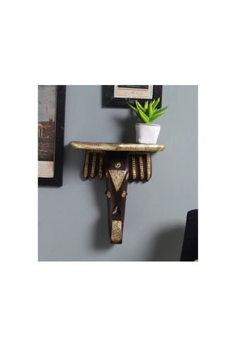 Multicolour Solid Wood Brass Fitted Wall Shelf