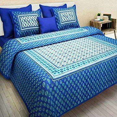 Bedcolors Cotton Bagru Printed Blue Color King Size Bedsheet