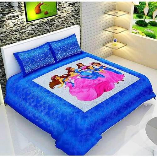 Princess Print Cotton Blue King Size Bedsheet