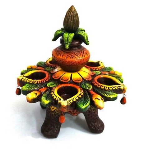 Terracotta 5 Diya Kalash With Stool Stand