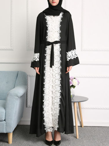 Contrast Floral Eyelash Lace Trim Abaya with Belt