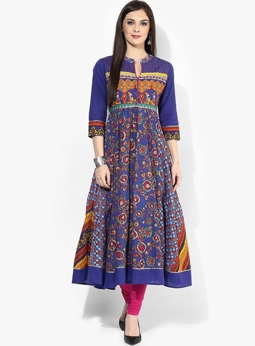 Ladies Printed Kurtis - Cotton, S-XL, Blue, Paisley Print, Knee Length, Mandarin Collar | Comfortable, Stylish, Versatile