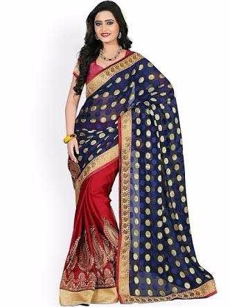 Customized Red And Blue Color Ladies Sarees