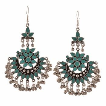 Zephyrr Fashion Oxidized Silver Afghani Tribal Beaded Dangler Hook Earrings