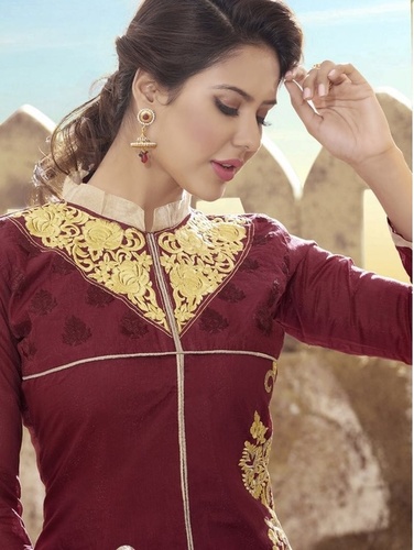 Designer Kurtis - Silk, Variable Dimensions, Maroon | Gold Thread Embroidery, Elegant Design, Hand Stitched, Comfortable Fit