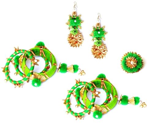 Green Pom Pom Gotta Patti Femina Collection Bangle Ring And Earrings