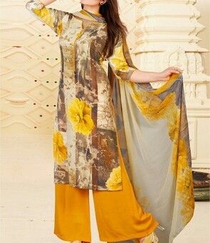 D-00003 - Beige Yellow Creap Designer Printed Ladies Suit