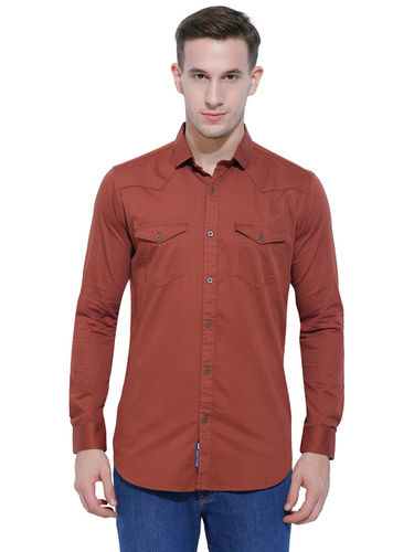 Ash & Roh Men's Rust Slim Fit Solid Antique Metal Button Shirt