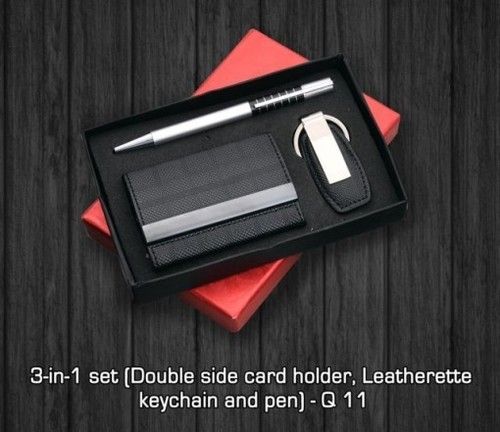 3 in 1 Gift Set (Double Side Card Holder, Leatherite Keychain and Pen)