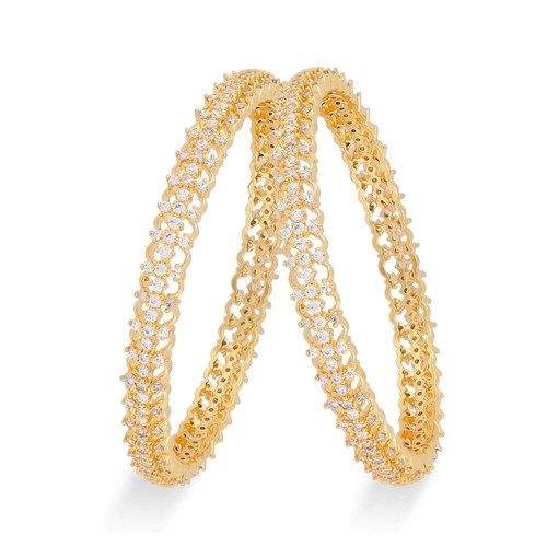 Gold Plated Bangles - Size 2.4, Gold Color, Zircon Stone Accents | Traditional Antique Finish for Weddings, Engagements, and Festive Occasions