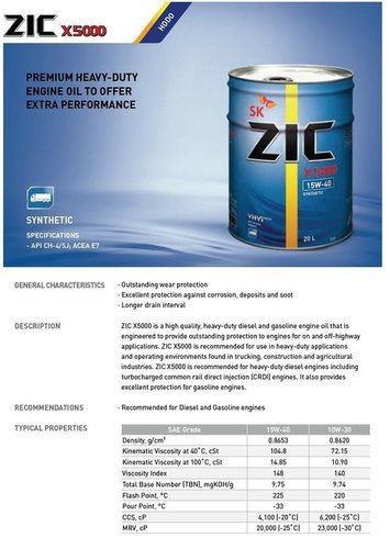 Synthetic Zic X5000 Ch4 Engine Oil