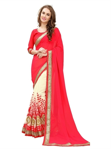 Designer Red Sarees - Georgette Fabric, Red, Embroidered Lace | Pleated Closure, Party Style