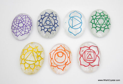 Chakra Stone Crystal Set Engraved with Reiki Signs - Oval Shape