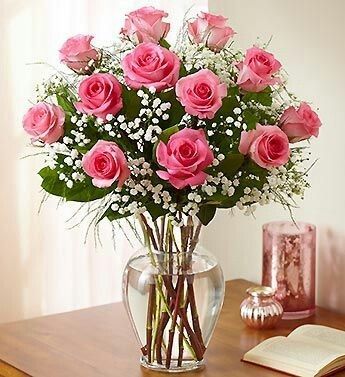 12 Pink Roses In Glass Vase