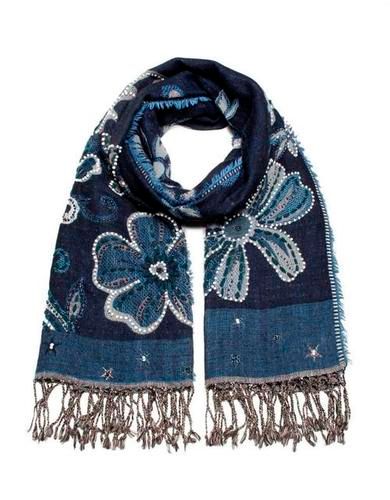 Navy Blue Wool Embroidery Scarf