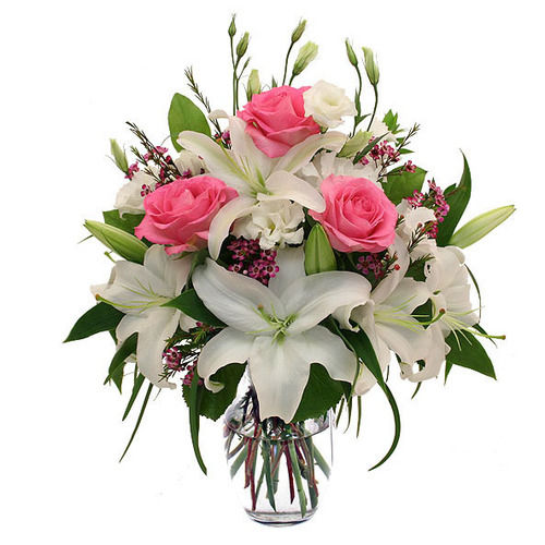 5 Asiatic White Lily 3 Pink and 4 White Roses Bouquet