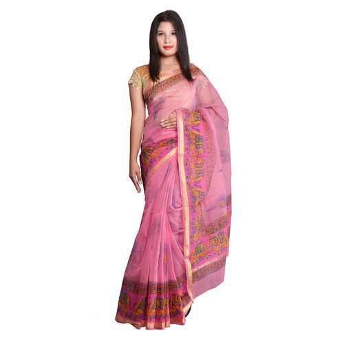 Pink Hand Block Printed Kota Doria Saree