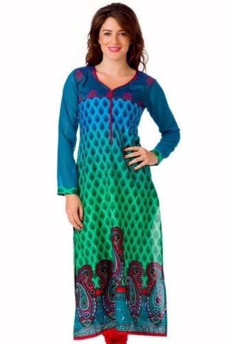 Ladies Long Kurti - Crepe, S to XL, Blue | Vibrant Paisley Print, Flattering V-Neckline, Three Quarter Sleeves