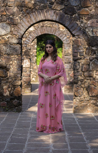 Fresh Pink Georgette Fully Embellished Floor Length Kaftan