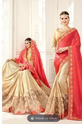 Designer Beautiful Cream And Pink Color Embroidered Saree