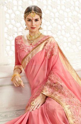 Designer Beautiful Pink Color Embroidered Saree