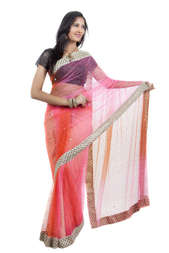 Zari Net Peach Border Saree With Stone