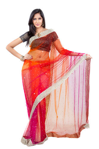 Zari Net Stone Saree With Peach Border