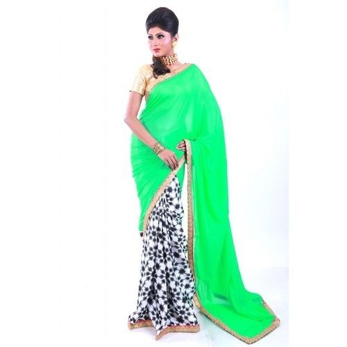 White And Black Georgette Half Printed Green Saree