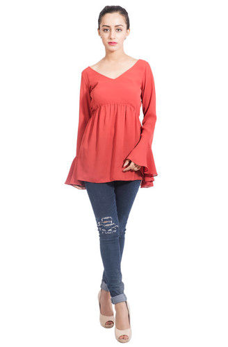 Brick Colour Ruffle Top With Flute Sleeves