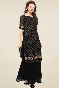 Branded Kurti - Chiffon Fabric, Size S-XL, Black, 52 Inches | Embroidered, Stylish, Comfortable, Elegant Half Sleeves