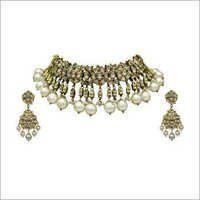 Jadau Necklace Set - White Pearls & High Grade Metal | Lightweight, Skin-Friendly, Long Lasting Sheen, Stunning Design