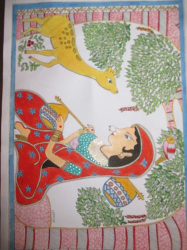 Madhubani Woman And The Deer Painting Medium: Acrylic