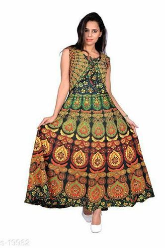 Green Colour Cotton Women'S Maxi Long Dress Jaipuri Printed