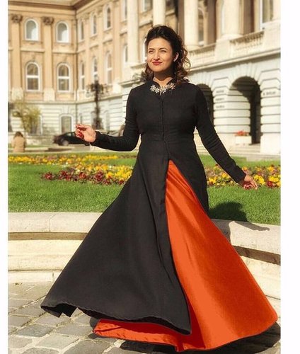 Orange Party Wear Gown With Black Dupatta  Latest Kurti Designs