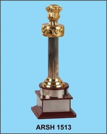 Metal Ashoka Pillar Memento On Marron Color Wooden Stand