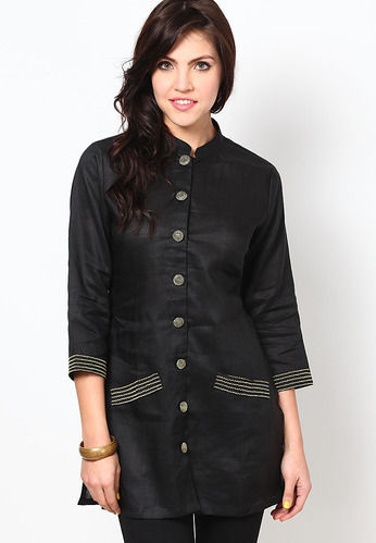 Black Linen Zari Embroidered Kurti