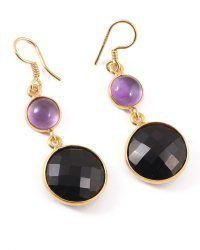 Amethyst Stone And Black Onyx Silver Gold Plated Earrings