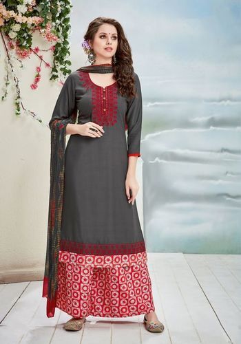 Dark Grey And Red Readymade Plazzo Suit