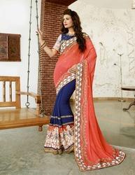 Peach And Navy Blue Fancy Party Wear Sarees