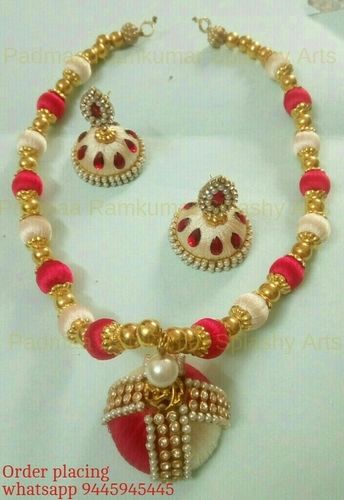 Pink And White Combo Silk Thread Necklace With Jhumkas