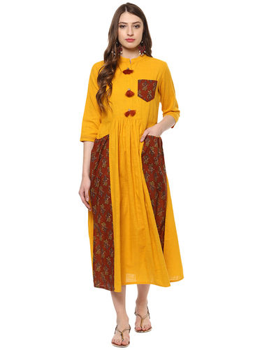 Mustard And Rust Solid Woven Fit Long Kurta