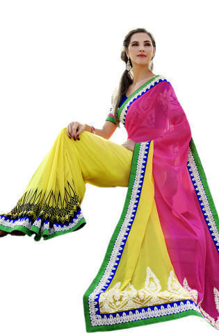 Ladies Pink And Yellow Saree