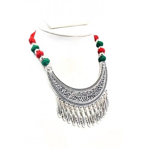 Silver Oxidised Silk Thread Multicoler Necklace Gender: Women