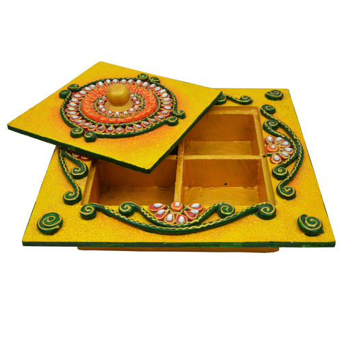 Wooden And Paper Made Dry Fruit Box With Kundan Work Size: 10*3*10