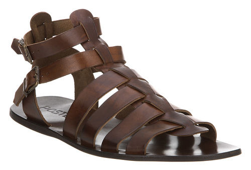 Men Brown Leather Sandals Heel Size: Flat