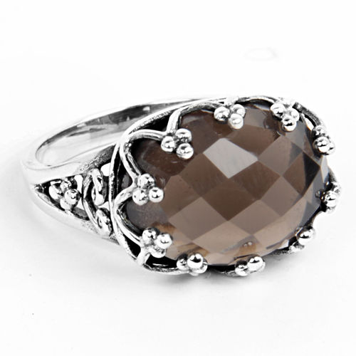 925 Sterling Silver Checker Cut Smoky Quartz Gemstone Ring Gender: Women