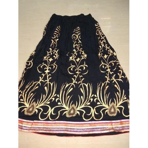 Black Rajasthani Gold Print Rayon Crepe Long Skirts